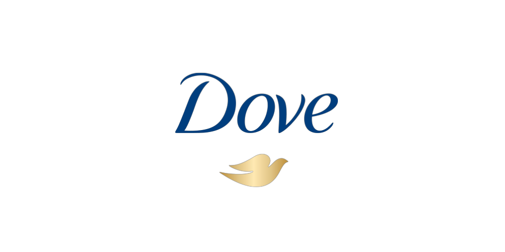 Dove Logo mit blauem Schriftzug und goldener Taube, bekannt für Hautpflege, Kosmetik und die internationale Marke Dove