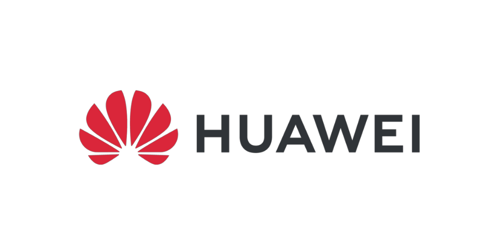 Huawei Logo mit rotem Blüten-Emblem und Schriftzug, bekannt für Telekommunikation, Smartphones, Technologie und die globale Marke Huawei