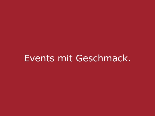 Roter Hintergrund mit beiger Schrift „Events mit Geschmack“, modernes Statement für cinnamon Servicepersonal, Catering, Hospitality und stilvolle Eventerlebnisse
