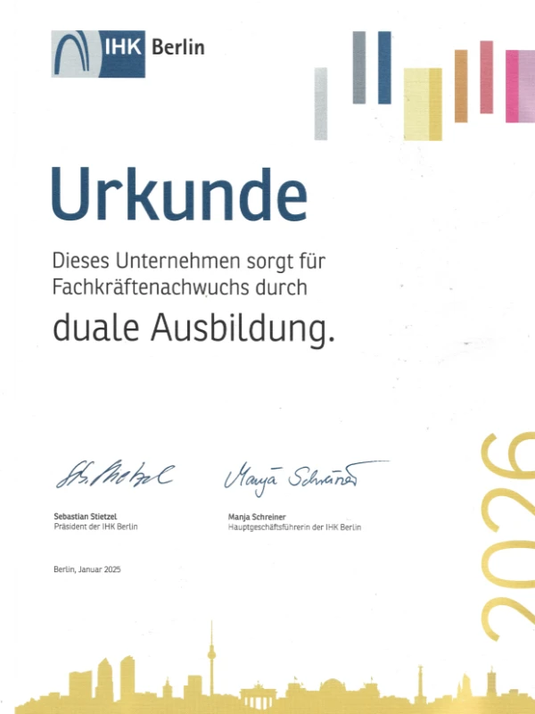 IHK-Urkunde Berlin für die duale Ausbildung