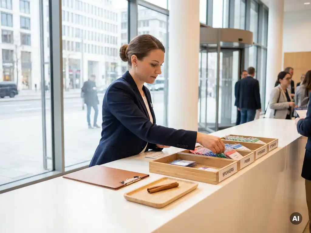 Hostess sortiert farbkodierte Akkreditierungsausweise an modernem Empfangstresen in deutschem Kongresszentrum mit Glasfassade.