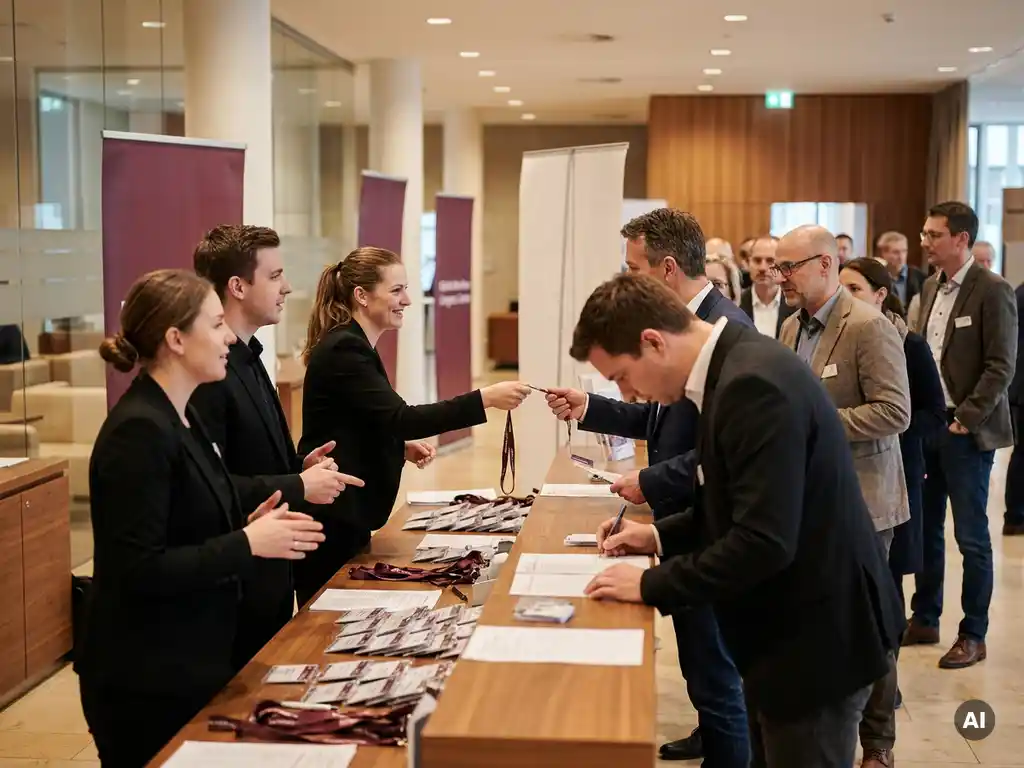 Vier Eventmitarbeiter in schwarzen Uniformen verteilen Lanyards und Namensschilder an Gäste am Akkreditierungsschalter eines Kongresszentrums.