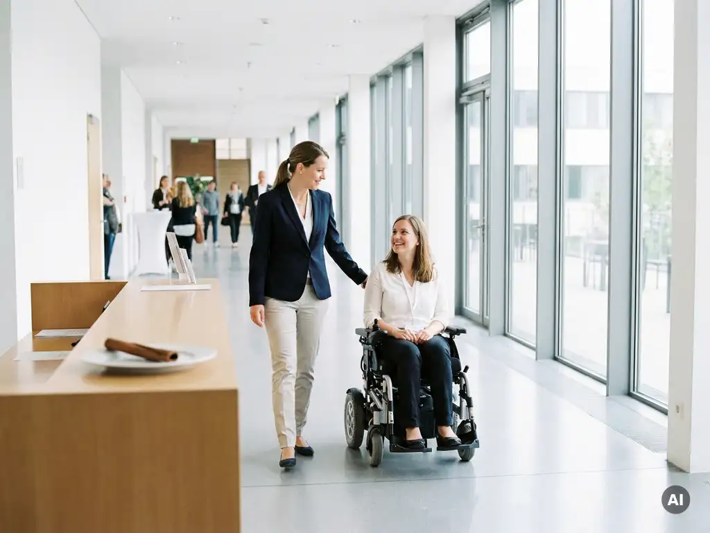 Hostess im Blazer begleitet Rollstuhlfahrer durch barrierefreien Konferenzbereich mit großen Fenstern und natürlichem Licht.