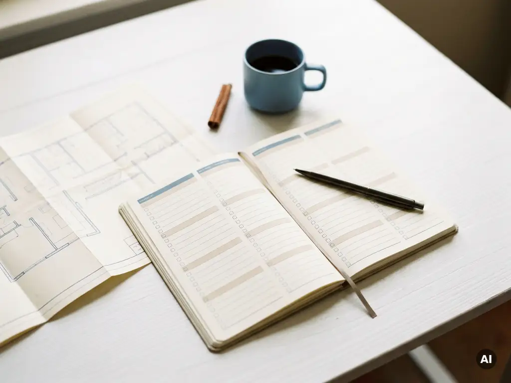 Aufgeschlagenes Notizbuch mit Checkliste, Stift, Veranstaltungsplan und Zimtstange auf weißem Schreibtisch in natürlichem Licht.
