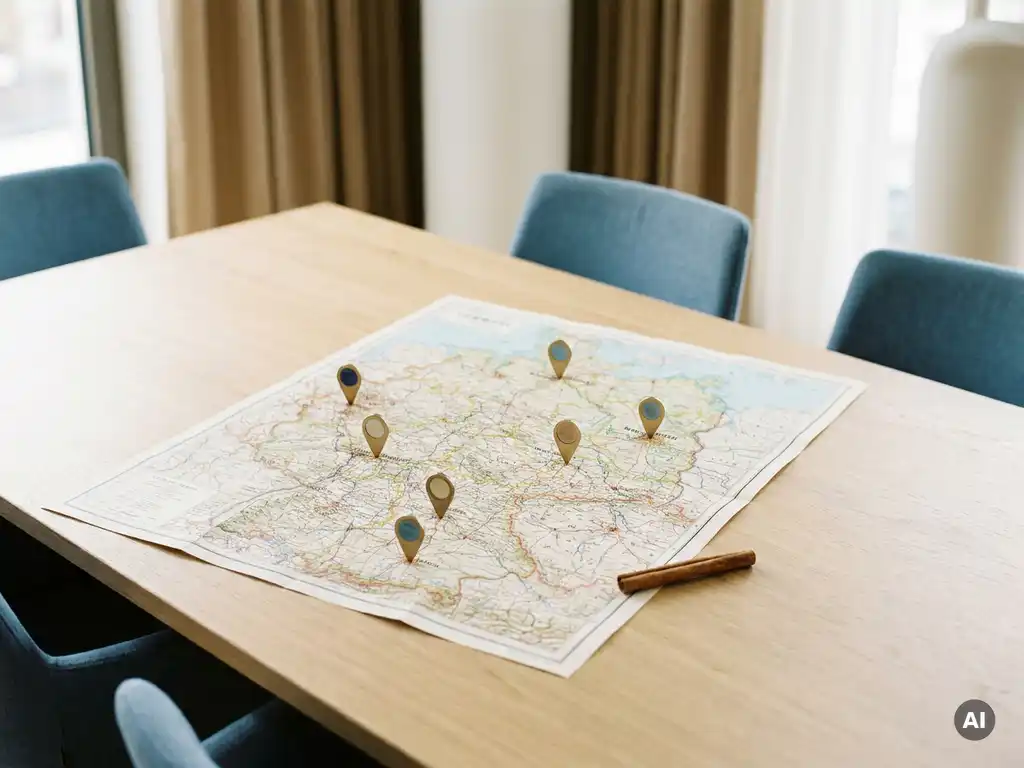 Detaillierte Deutschlandkarte auf weißem Konferenztisch mit Standortmarkierungen auf mehreren Städten und einer Zimtstange daneben.