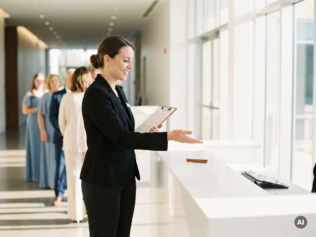 Einlasspersonal in schwarzer Uniform mit Klemmbrett an modernem Check-in-Tresen, Zimtstange und wartende Gäste im Hintergrund.