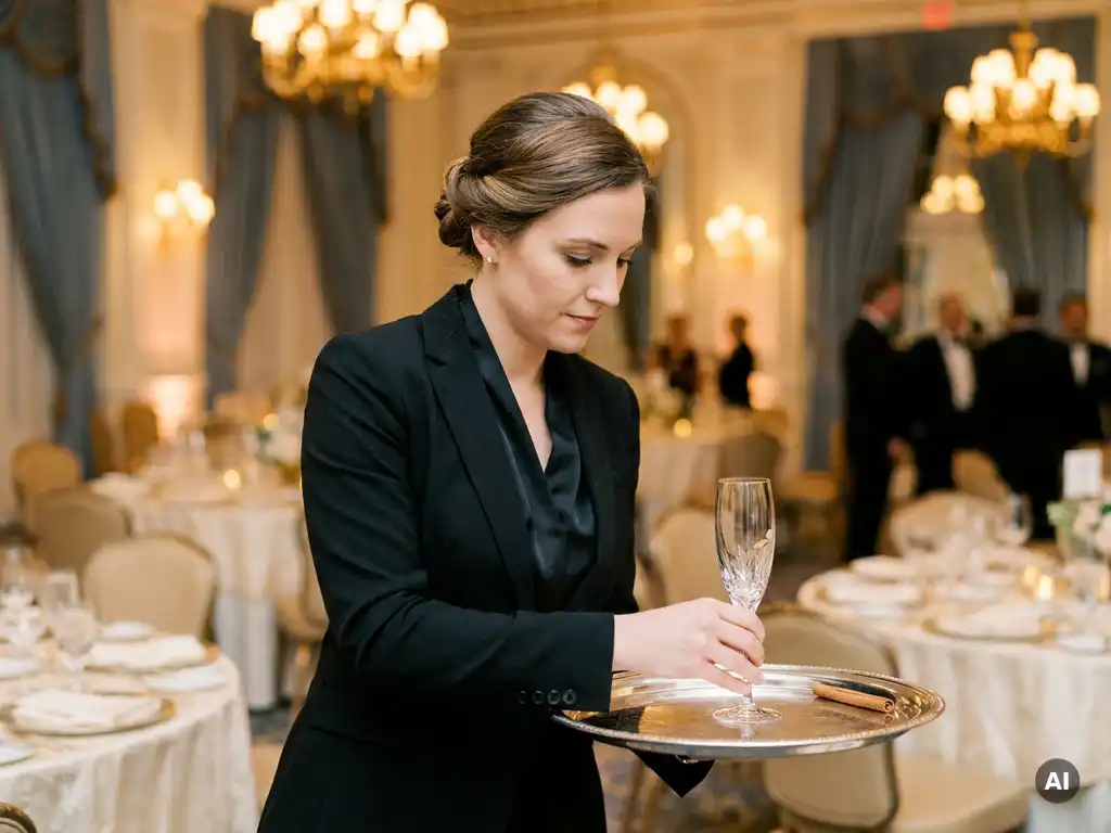 Elegante Hostess in schwarzem Outfit arrangiert Champagnergläser auf silbernem Tablett in festlich beleuchtetem Ballsaal.