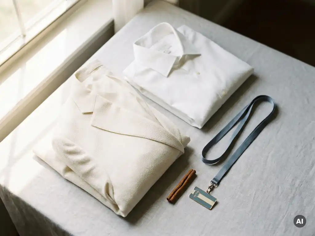Gefaltetes Elfenbein-Blazer und weißes Hemd auf hellgrauer Fläche, arrangiert mit Zimtstange, Lanyard und Namensschild im Flat-Lay-Stil.