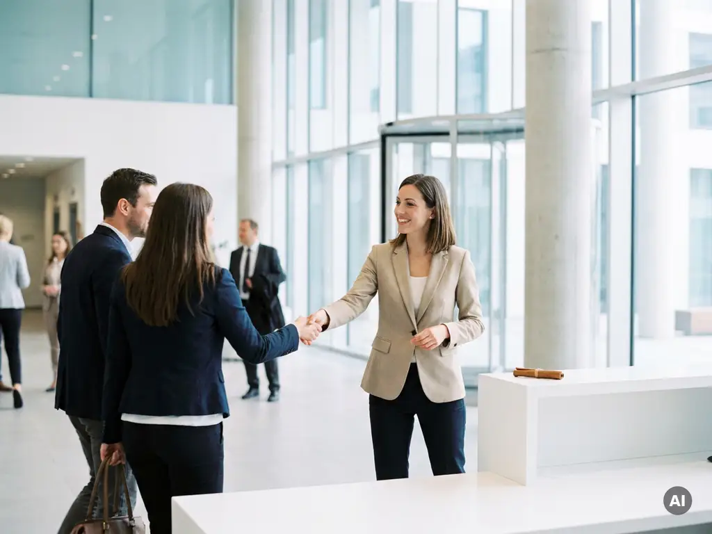 Professionelle Hostess in elegantem Blazer begrüßt Gäste in modernem deutschen Unternehmensveranstaltungsort mit hellem, klarem Ambiente.
