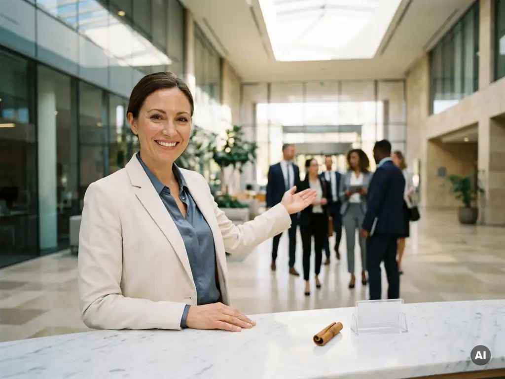 Elegante Empfangsdame begrüßt Gäste an einem Marmor-Empfangstresen in einem modernen deutschen Corporate-Event-Venue mit Atrium.