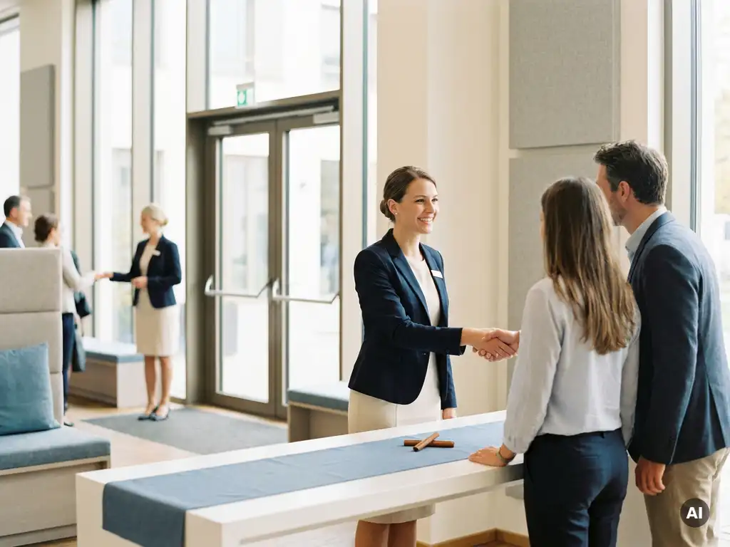 Professionelle Hostess in eleganter Kleidung begrüßt Gäste am Eingang eines modernen deutschen Konferenzzentrums.