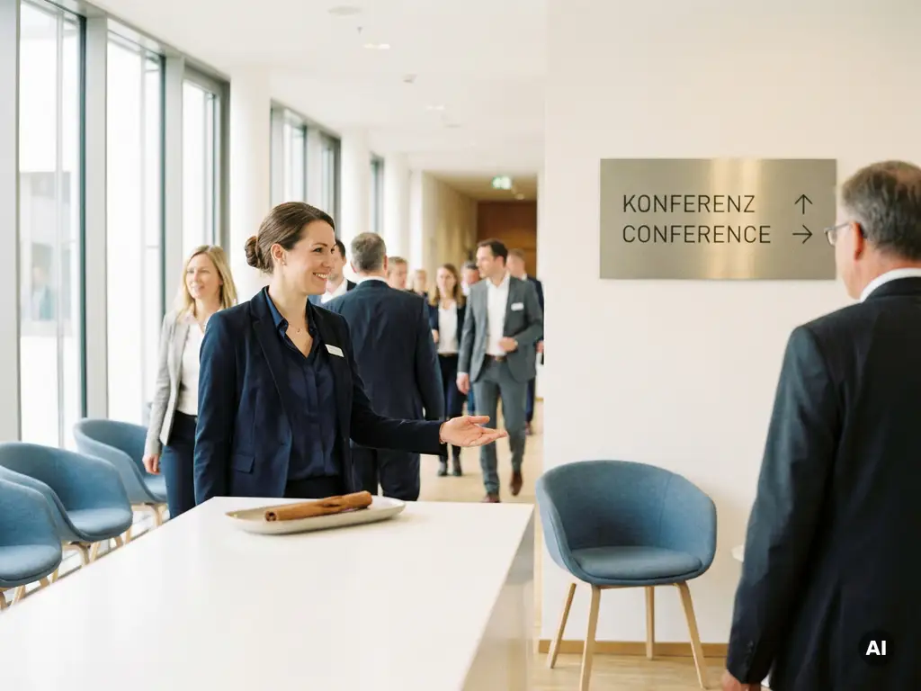 Elegante Hostess begleitet Gäste durch einen modernen Konferenzflur mit natürlichem Tageslicht und Empfangstresen.