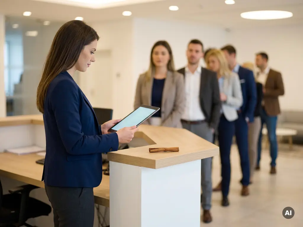 Gastgeberin in eleganter Kleidung verwaltet digitales Check-in-Tablet an modernem Empfangstresen mit wartenden Gästen im Hintergrund.