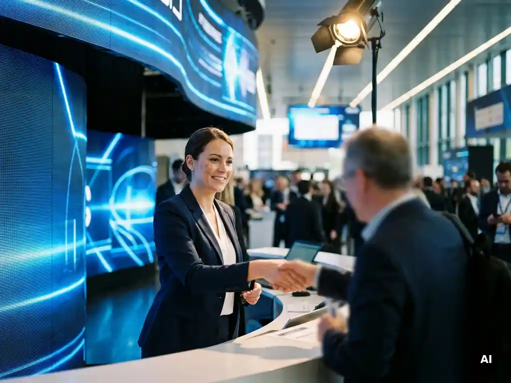 Gastgeberin in eleganter Kleidung begrüßt Gäste am Empfangstresen einer modernen Tech-Konferenz mit leuchtenden LED-Displays in Blau.