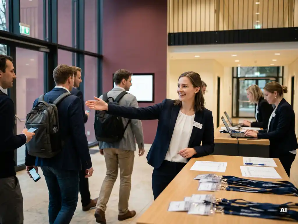 Junge Hostess in dunklem Blazer empfängt Gäste einer Tech-Konferenz am Registrierungstresen im modernen Kongresszentrum.