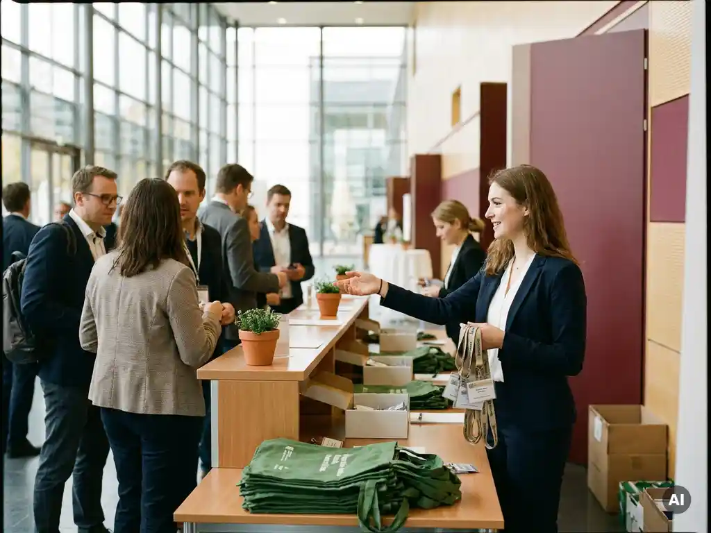 Gastgeberin im dunklen Blazer verteilt Namensschilder und Lanyards an Kongressgäste am Registrierungstresen eines modernen deutschen Kongresszentrums.