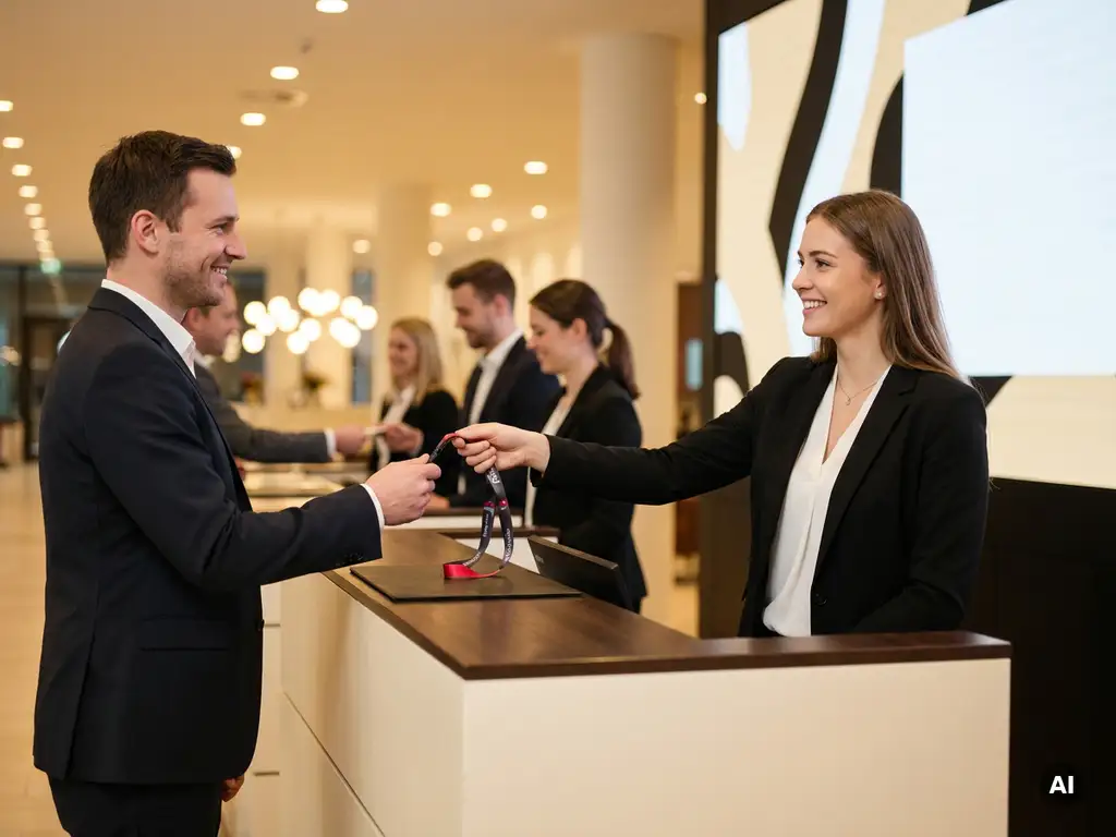 Junge Frau im schwarzen Blazer reicht Kongressteilnehmer ein Lanyard-Badge am modernen Registrierungsschalter eines Kongresszentrums.