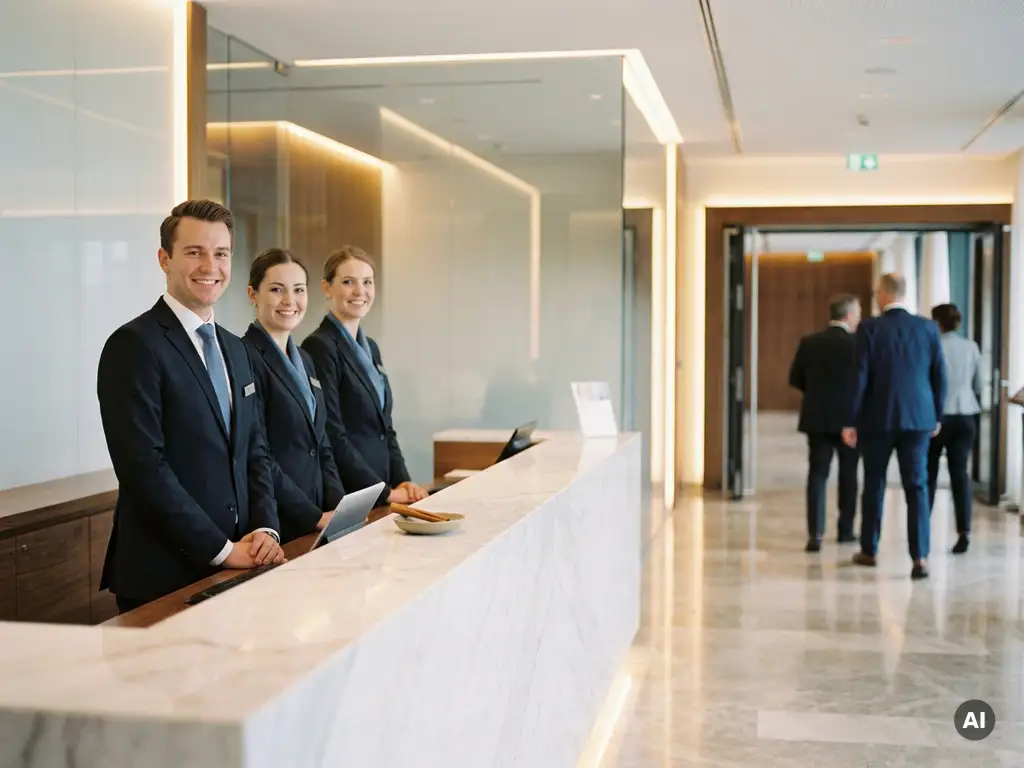 Drei elegant gekleidete Empfangsmitarbeiter begrüßen Gäste am Eingang eines modernen deutschen Eventlocations mit Marmoroberflächen.