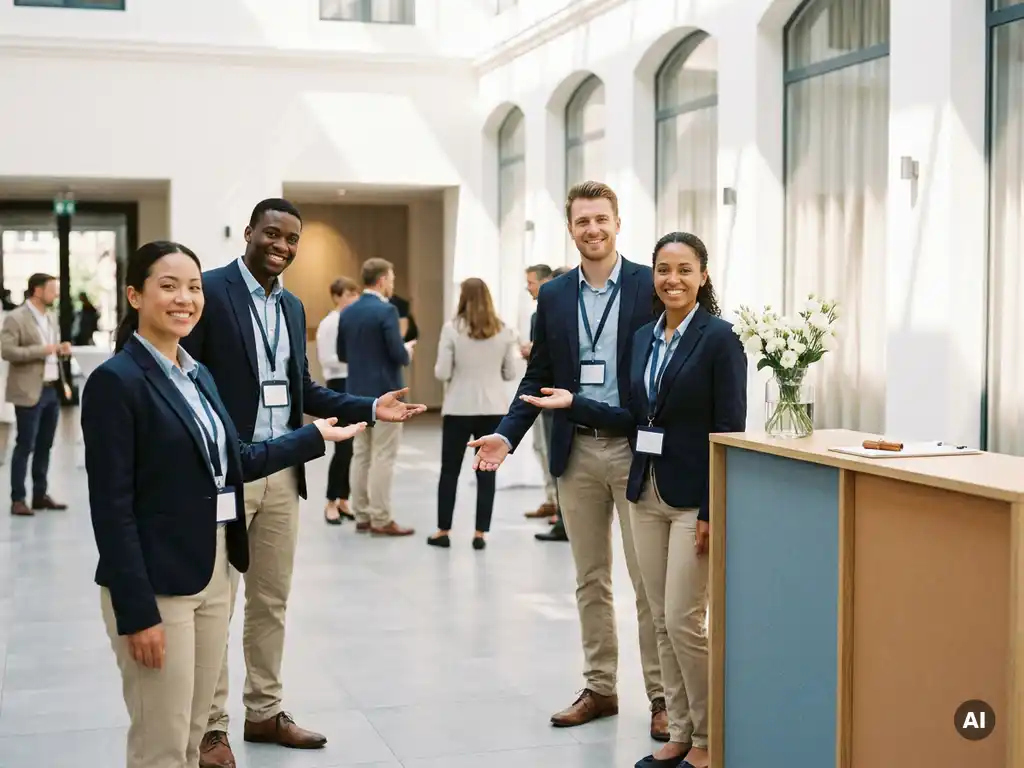 Elegantes Empfangsteam mit Namensschildern begrüßt Gäste in hellem Corporate-Event-Venue mit großen Fenstern.