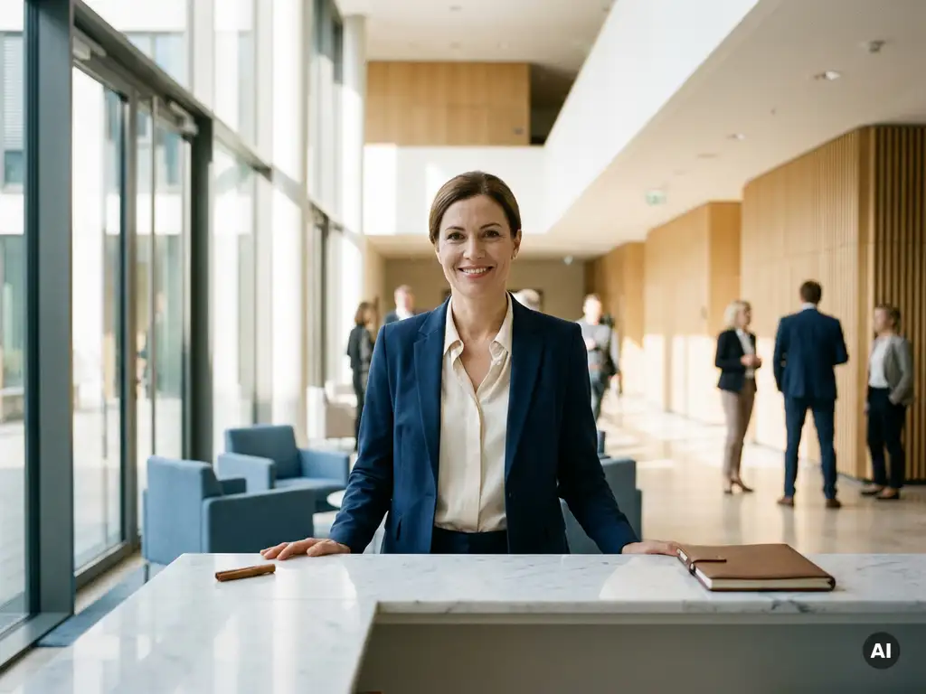 Professionelle Hostess in eleganter Businesskleidung an modernem Empfangstresen einer deutschen Konferenzhalle mit Panoramafenstern.
