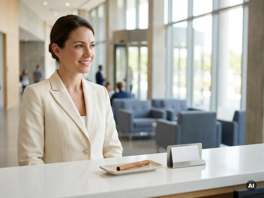 Professionelle Hostess im elfenbeinfarbenen Blazer an weißem Empfangstresen eines modernen deutschen Konferenzzentrums mit Panoramafenstern.