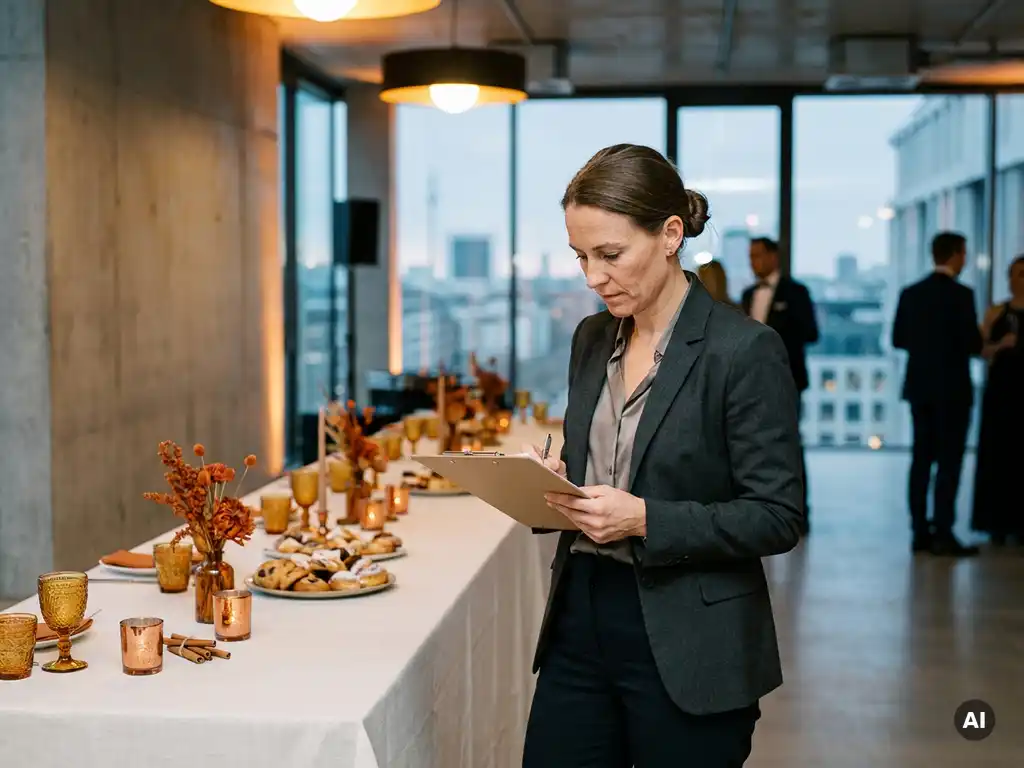 Eventkoordinatorin in eleganter Businesskleidung prüft Klemmbrett neben festlich gedecktem Tisch für Firmengala in Berliner Veranstaltungslocation.
