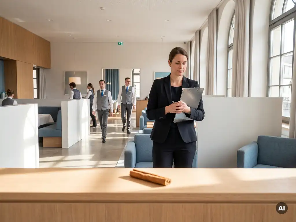 Veranstaltungsleitung in eleganter Berufskleidung prüft Klemmbrett in modernem deutschen Event-Venue mit hellem Interieur.