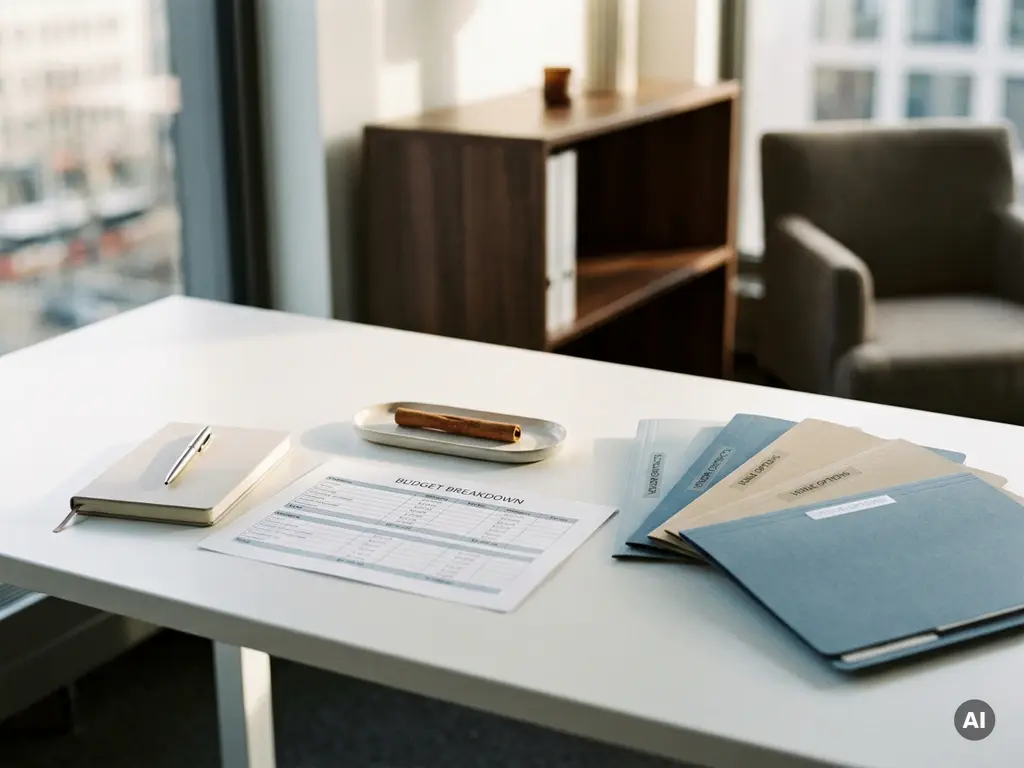 Aufgeräumter Eventplanungs-Schreibtisch mit Budgetübersicht, Notizbuch, elegantem Stift und Zimtstange in natürlichem Licht.