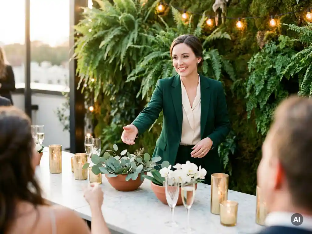 Gastgeberin in eleganter Kleidung begrüßt Gäste an einem Marmor-Empfangstisch mit Kerzen, Botanik und Champagnergläsern.