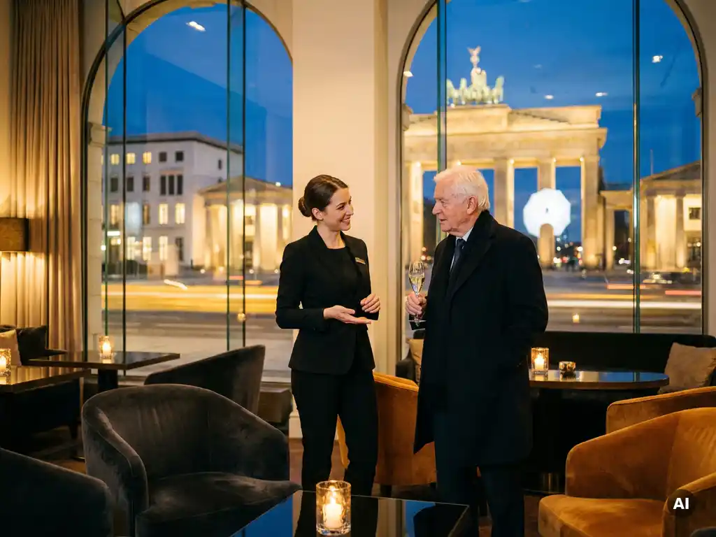Elegante Hostess in schwarzem Outfit begrüßt Gast in Berliner Eventlocation mit beleuchtetem Brandenburger Tor im Hintergrund.