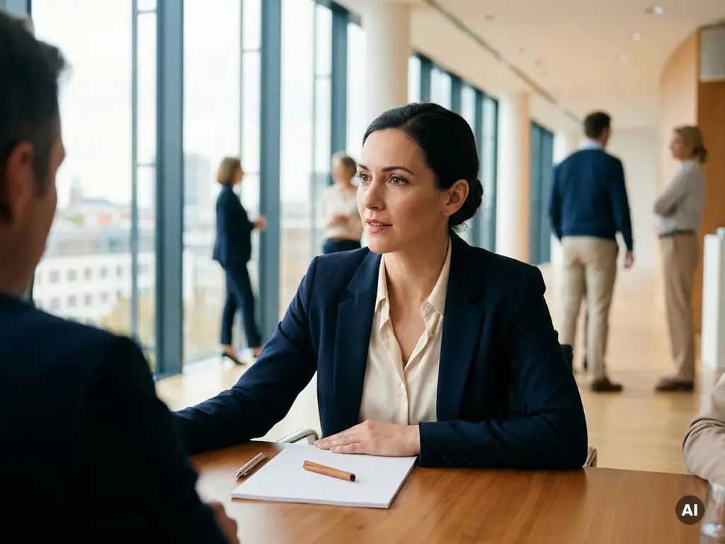 Professionelle Hostess in eleganter Kleidung bei einem Briefing, modernes Konferenzzentrum mit Panoramafenstern im Hintergrund.