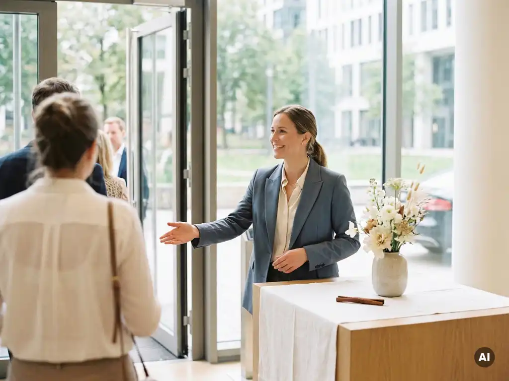 Gastgeberin im Blazer empfängt Gäste an elegantem Empfangstresen mit Blumenarrangement bei deutschem Corporate Event.