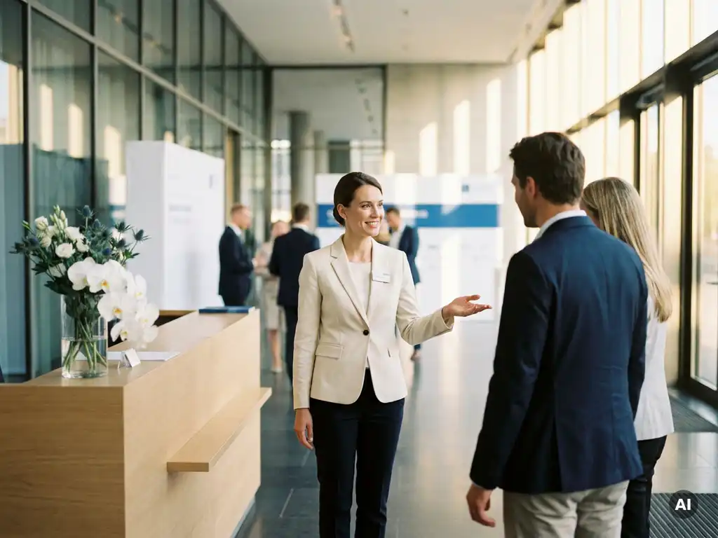 Gastgeberin im cremefarbenen Blazer begrüßt Gäste an modernem Empfangstresen bei deutschem Corporate Event.