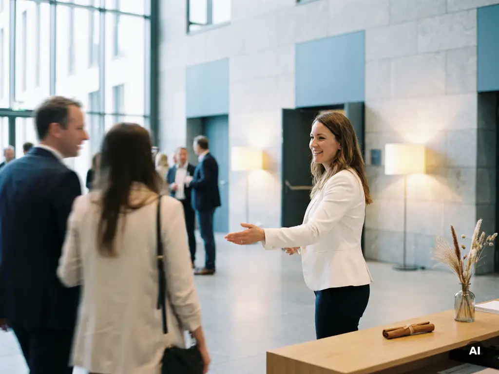 Gastgeberin im weißen Blazer begrüßt Gäste bei einem eleganten deutschen Corporate Event in minimalistischer Veranstaltungshalle.
