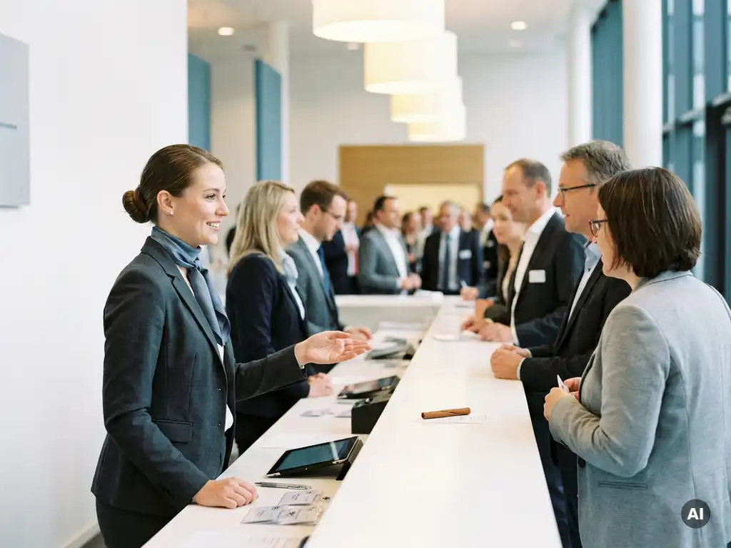 Gastgeberin in eleganter Kleidung koordiniert die Registrierung auf einer deutschen Konferenz, Gästeschlange im modernen Foyer.