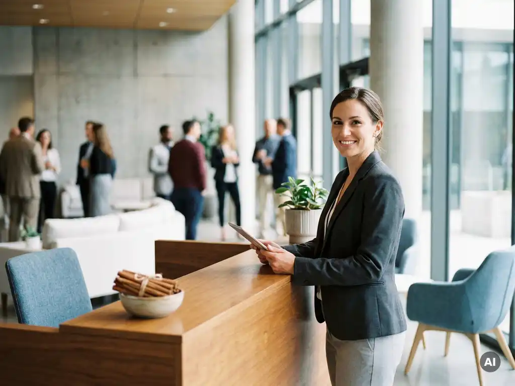 Professionelle Hostess in eleganter Kleidung empfängt Gäste an einem modernen deutschen Konferenzempfang mit natürlichem Tageslicht.