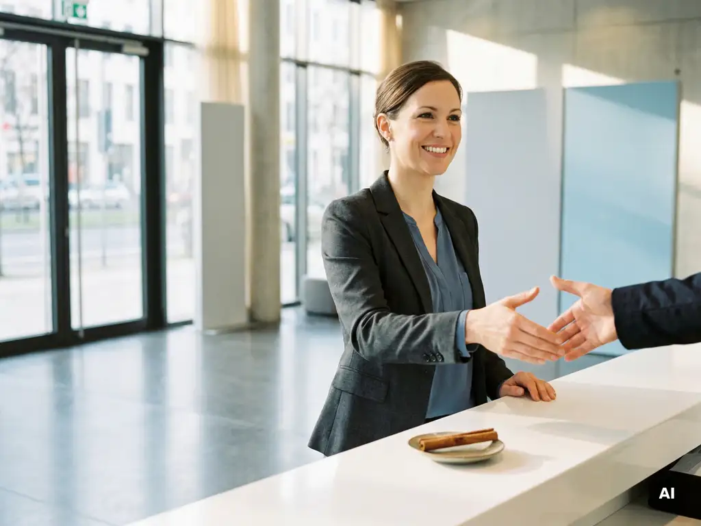 Gastgeberin in eleganter Businesskleidung begrüßt Gäste in modernem deutschen Konferenzgebäude mit hellem minimalistischem Empfangsbereich.