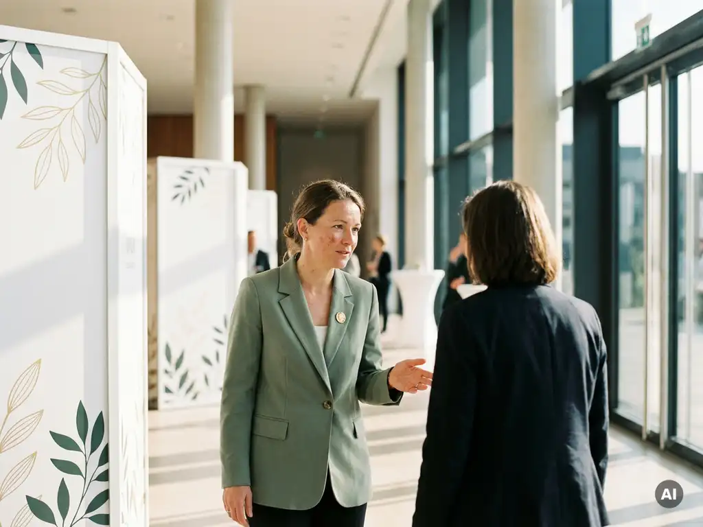 Gastgeberin im eleganten Blazer begleitet einen Gast durch eine moderne Kongresshalle mit minimalistischen weißen Ausstellungsständen.