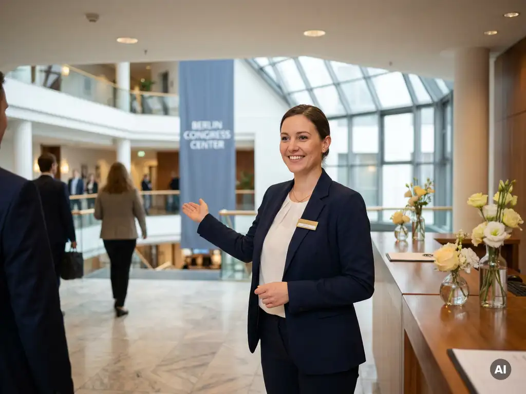 Gastgeberin im taillierten Blazer begrüßt Gäste in einem modernen deutschen Kongresszentrum mit Marmorboden und Blumenarrangements.