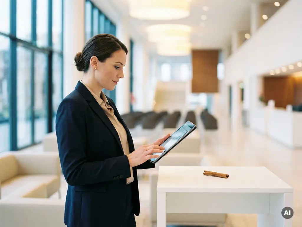 Veranstaltungshostess in eleganter Kleidung prüft digitale Checkliste auf Tablet in modernem deutschen Konferenzsaal.