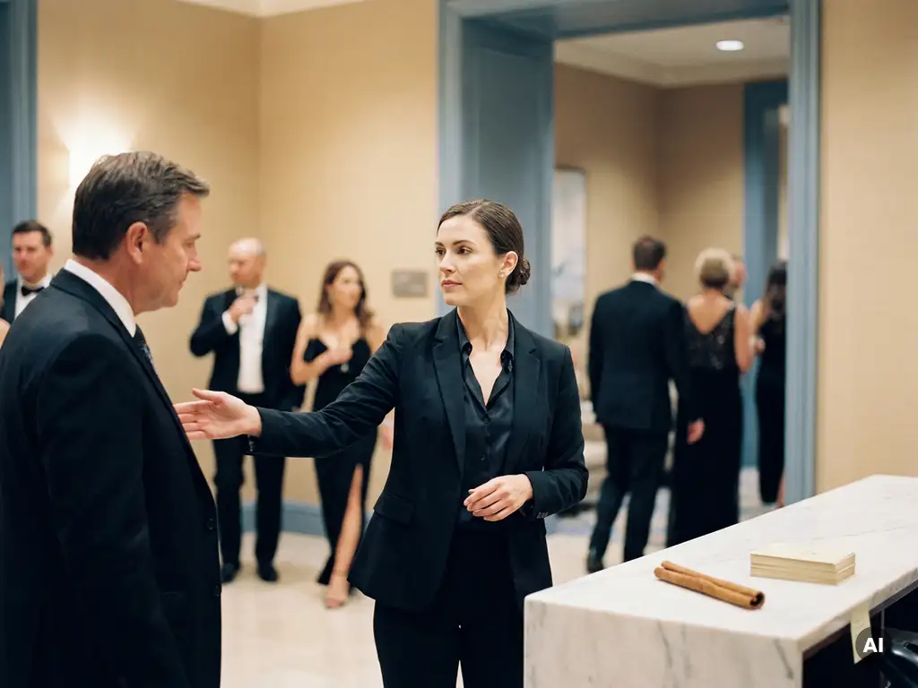 Elegante Hostess begleitet VIP-Gast durch helles Veranstaltungsfoyer mit weißem Marmor und gedämpften Blau- und Beigetönen.