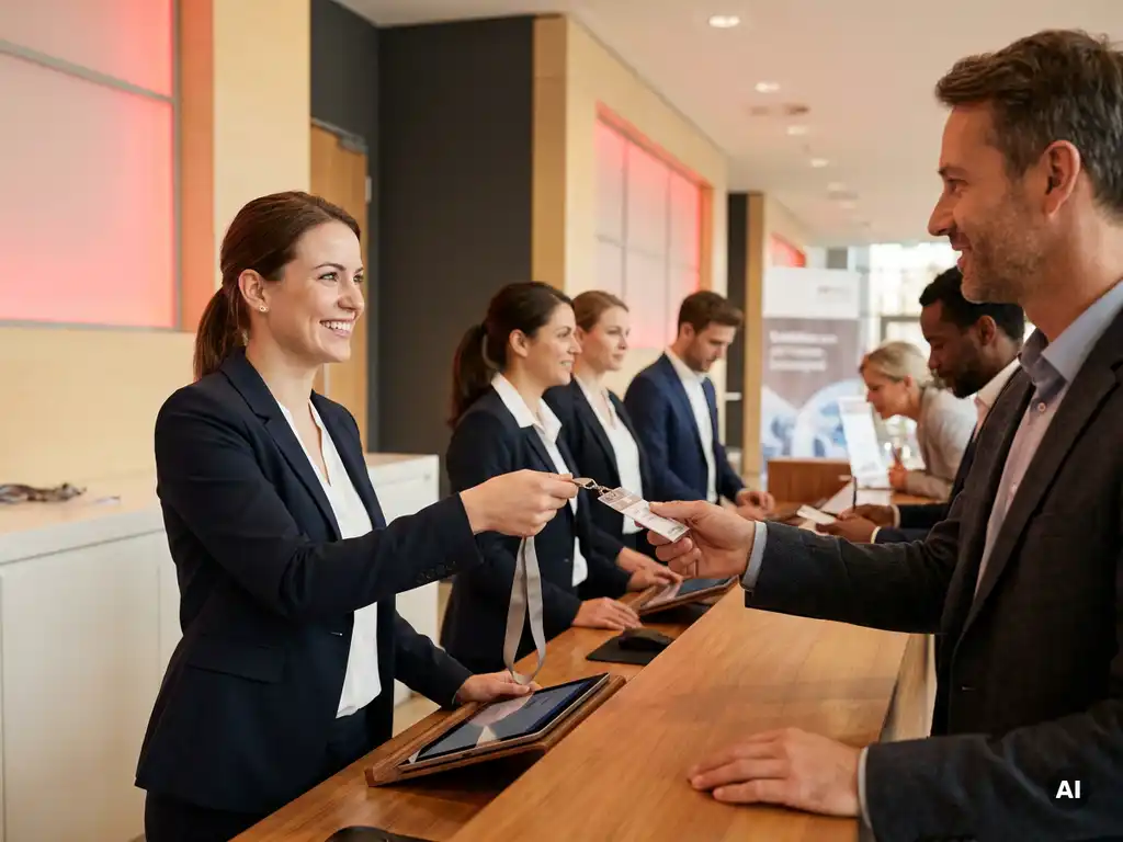 Hostess überreicht einem Gast ein Lanyard-Badge am Registrierungstresen eines Health-Tech-Kongresses in modernem deutschen Kongresszentrum.