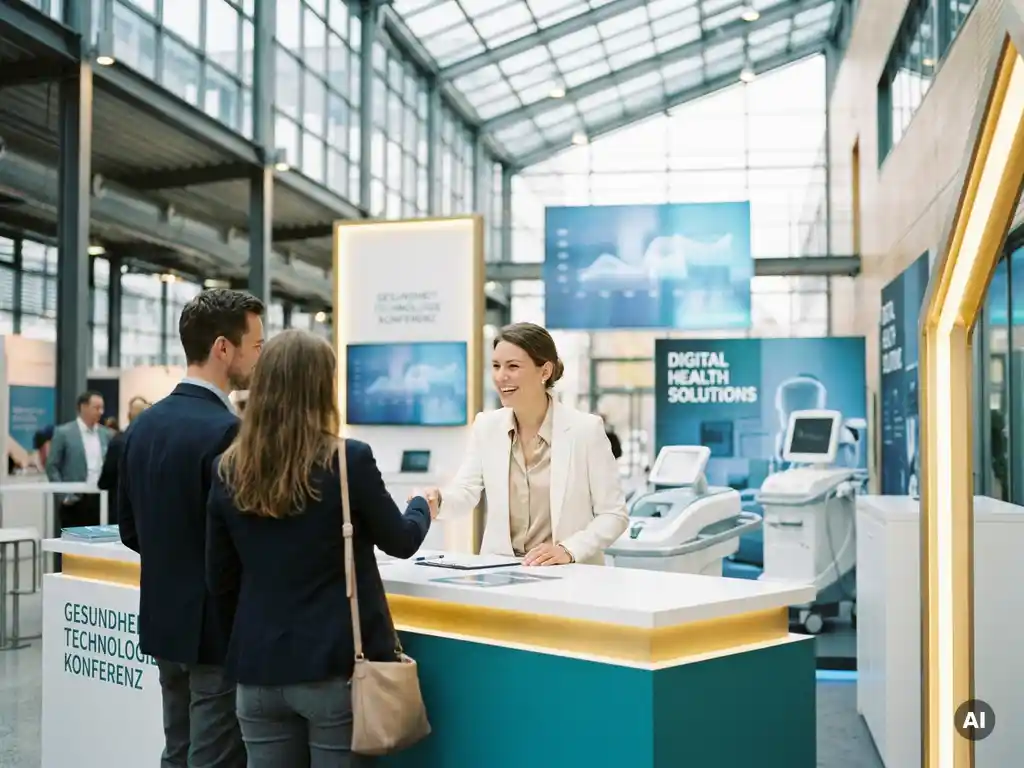 Gastgeberin in eleganter Kleidung begrüßt Besucher am Empfangstresen einer Health-Tech-Konferenz mit digitalen Medizintechnik-Displays im Hintergrund.