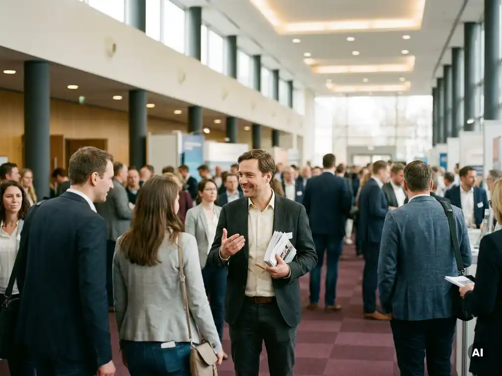 Promoter im dunklen Blazer spricht Besucher auf einer Hamburger Messe an, hält Werbematerialien in moderner Kongresshalle.