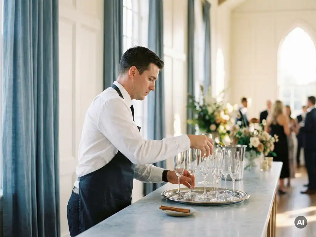 Servicekraft im weißen Hemd arrangiert Champagnergläser auf einem Tablett in elegantem Veranstaltungsraum mit natürlichem Licht.