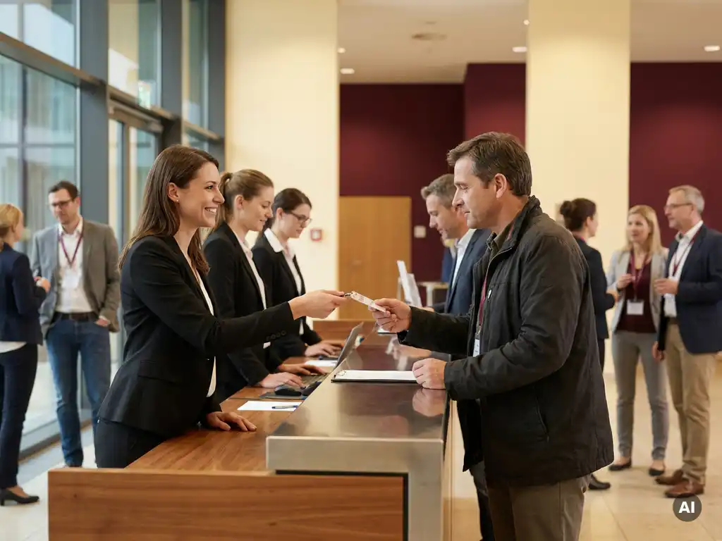 Hostess in schwarzem Blazer überreicht einem Konferenzteilnehmer ein Namensschildband am Registrierungstresen eines modernen deutschen Kongresszentrums.