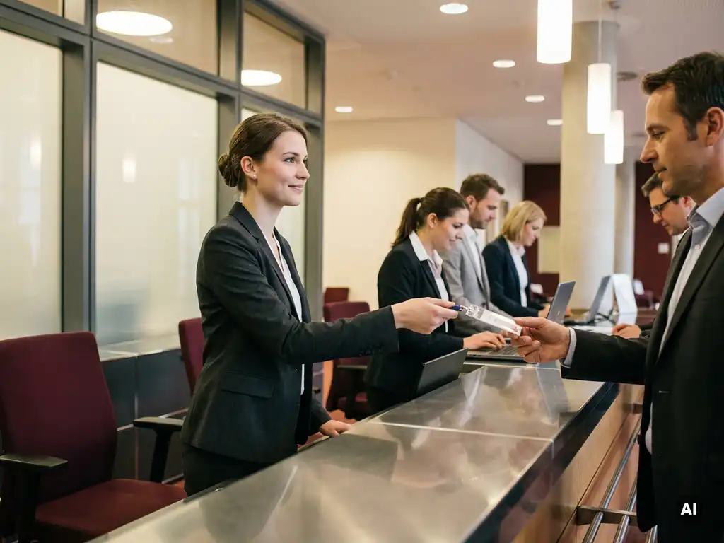 Hostess in dunklem Blazer überreicht Konferenzgast einen Lanyard-Ausweis am Registrierungsschalter eines modernen deutschen Kongresszentrums.