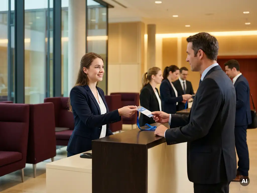 Hostess in weißer Bluse und dunklem Blazer übergibt einem Kongressgast am Empfangstresen ein Namensschildband.