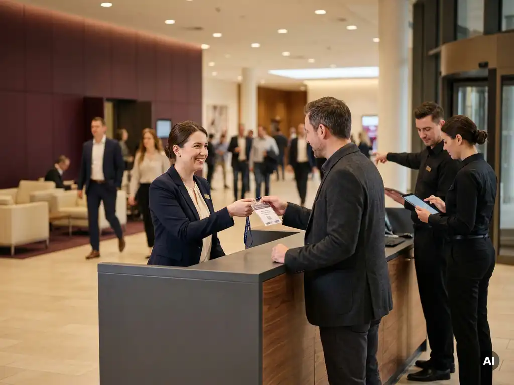 Hospitality-Mitarbeiterin reicht Konferenzgast ein Lanyard-Badge an modernem Registrierungstresen, zwei Kolleginnen prüfen Listen im Hintergrund.