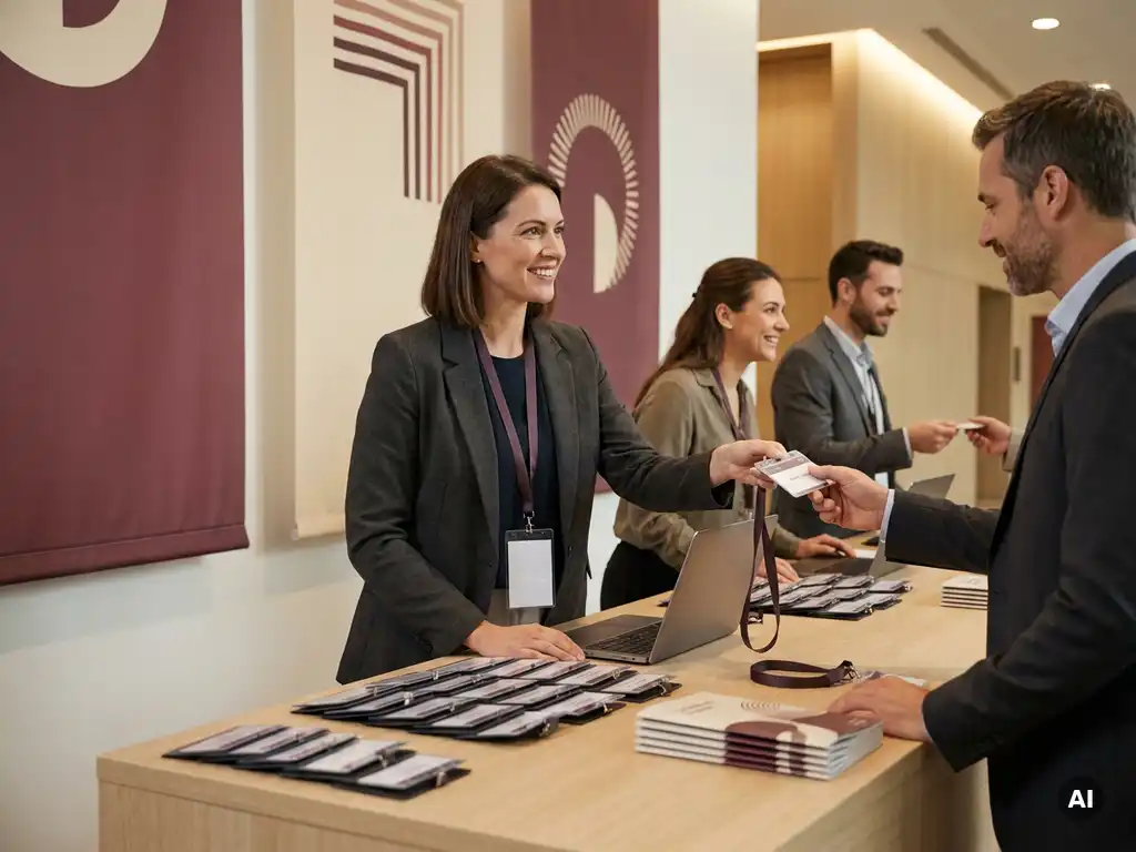 Hostess in dunklem Blazer reicht Kongressgast am Anmeldetresen ein Badge, Kolleginnen und Namensschilder im Hintergrund.